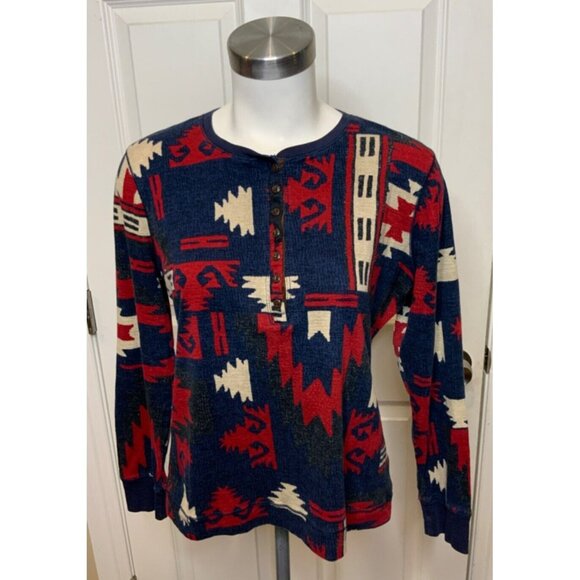 Lauren Ralph Lauren Jeans Co. Blue White Red Navajo Henley Top Print Top, Size L - Picture 1 of 4
